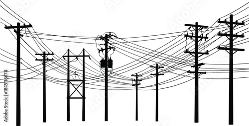 Silhouette of numerous power poles and overhead electrical wires against white electricity energy
