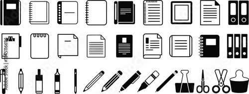 office supplies and stationery icons collection in black and white, vector illustration