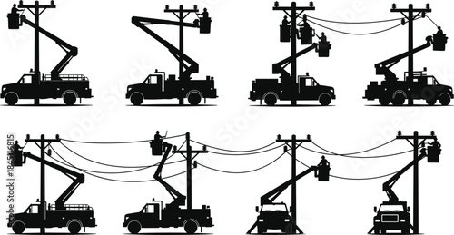 Silhouette of utility workers in bucket trucks on power poles with wires Keywords: utility worker, power line worker, lineman