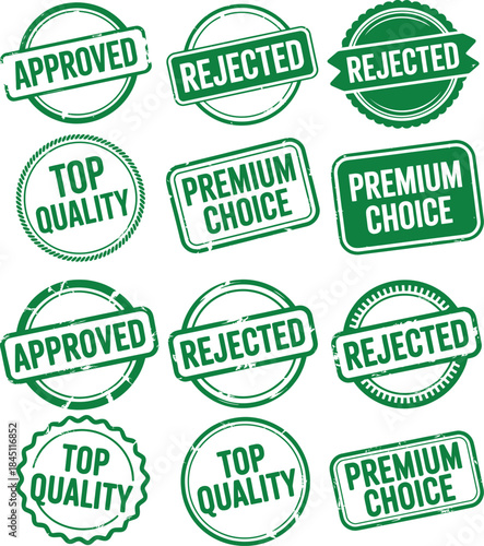 green approval and rejection stamps collection for quality control and decision workflows, vector illustration