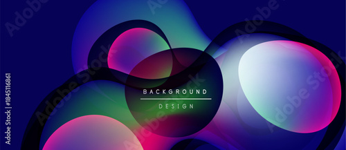 Abstract fluid shapes overlap, creating vibrant color gradients. Dark background emphasizes bright pinks, blues, turquoise hues. Modern design element.