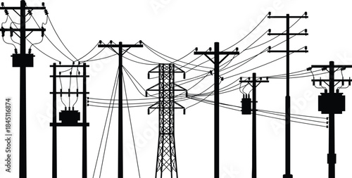 Silhouette of various power poles and electrical transmission towers with tangled wires electricity energy
