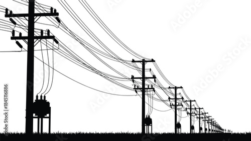 Silhouetted power poles with transformers and wires against a white background electricity power line