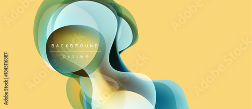 Abstract shapes overlap, creating fluid design. Yellow backdrop complements blue, green hues. Text reads background design.