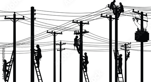Silhouettes of linemen working on multiple power poles and electrical wires Keywords: linemen, electricians, power lines, utility