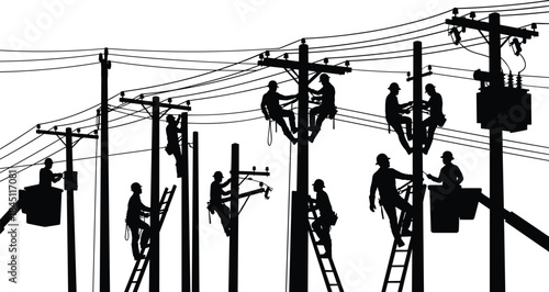 Silhouettes of linemen working on power poles and in a bucket truck Keywords: linemen, electricians, power lines, utility