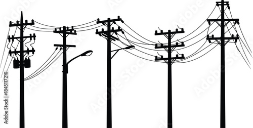 Silhouettes of multiple utility poles with wires and a street lamp on white background electricity power line