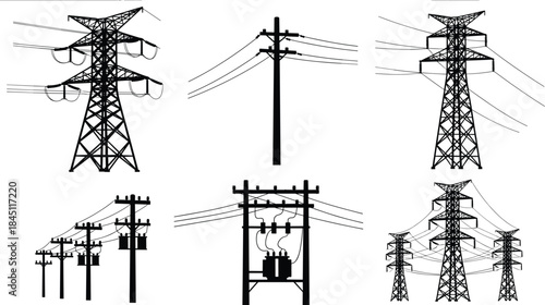 Silhouettes of power transmission towers and utility poles with wires power line electricity
