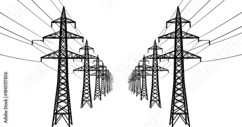 Symmetrical rows of tall electricity pylons with high voltage power lines transmission infrastructure