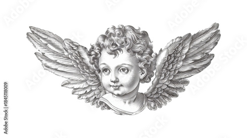 Hand-Drawn Cherub Angel Head with Wings Vintage Line Art Illustration