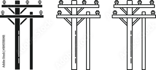 Three styles of utility poles with insulators in black and white line art electricity power