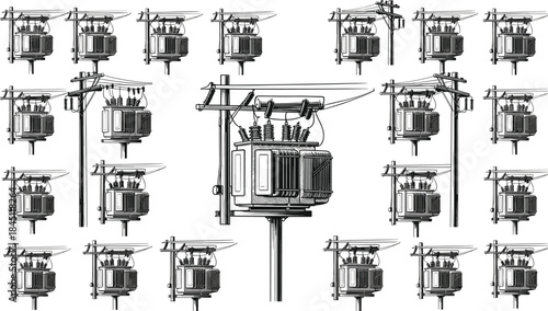 Vintage Electrical Transformers on Utility Poles Pattern Illustration Keywords: electrical transformer, utility pole, power line