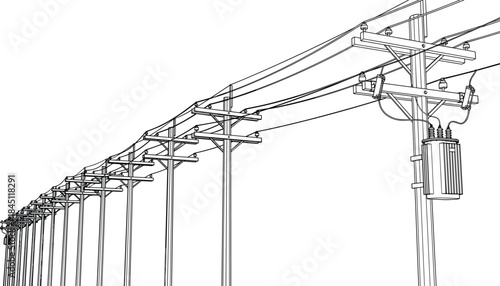 Wireframe illustration of a long row of utility poles with transformers and wires power lines electricity