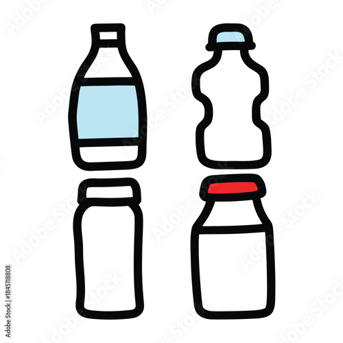 Hand Drawn Milk and Water Bottle Vector Icon Set for Dairy and Beverage Concept