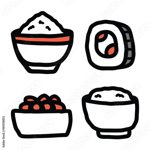 Hand Drawn Asian Food and Sushi Vector Icon Set with Rice Bowl and Sashimi Roll