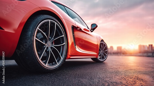A vibrant red sports car parked on a road with a stunning sunset backdrop.
