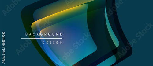 Abstract geometric shapes overlap, creating vibrant color gradients. Dark background emphasizes layered design elements. Modern aesthetic.