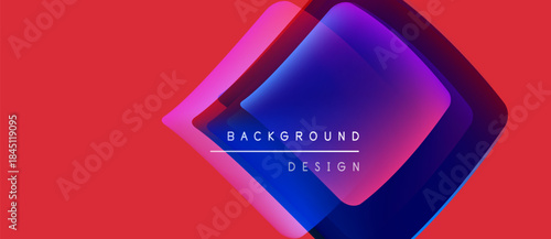 Abstract geometric design. Overlapping squares create vibrant color gradients. Red background provides strong contrast. Modern, stylish presentation.