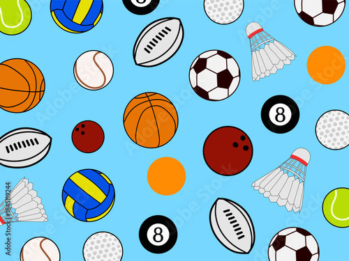 Colorful sports ball pattern with cartoon-style icons on blue background. Great for kids, games, and athletic-themed designs