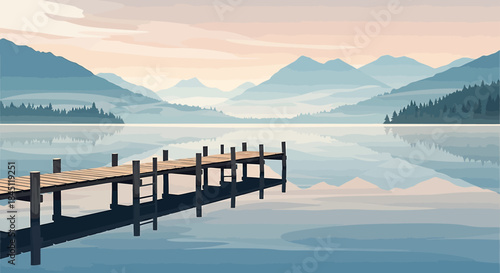 A serene landscape featuring a wooden pier stretching into a calm lake with misty mountains and a soft sky reflecting on the water.