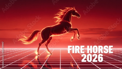A powerful, glowing fire horse rears over a reflective neon red grid, symbolizing the Chinese Zodiac year 2026 under a dramatic, monochromatic sky.