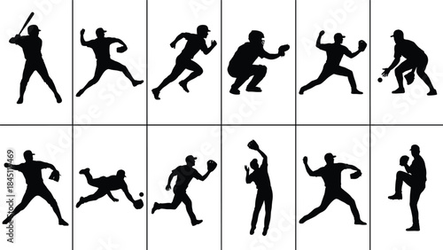 Baseball action silhouettes grid, players batting pitching running and catching, dynamic sport vector illustration for training, competition, coaching, motion, and athletic design projects