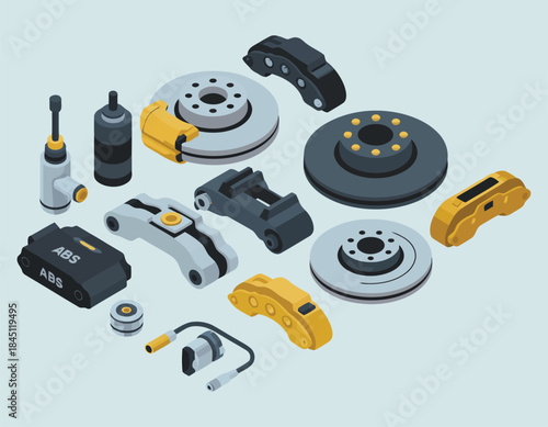 Isometric car parts composition with brake discs and pads on light background