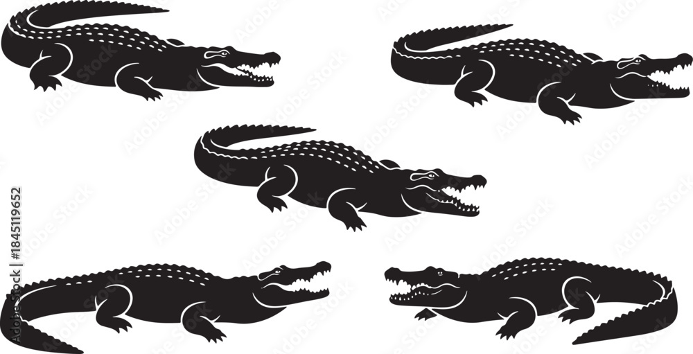 Fototapeta premium Five different crocodiles alligator cayman silhouettes with open jaws and sharp teeth