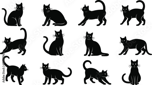 Black cat silhouettes collection, various poses and movements, cute feline vector set for pet design, icons, decoration, branding, and creative projects