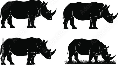 Black rhinoceros silhouettes set, realistic rhino poses, wildlife animal vector illustration for safari, conservation, nature branding, educational, and design projects