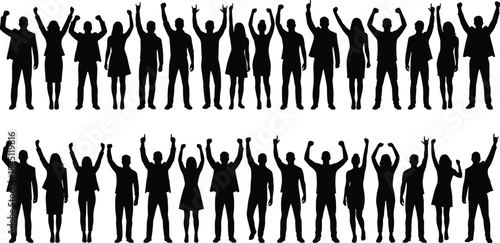 Business people celebration silhouettes set, diverse crowd raising hands together, success teamwork vector illustration for motivation, victory, achievement, corporate events