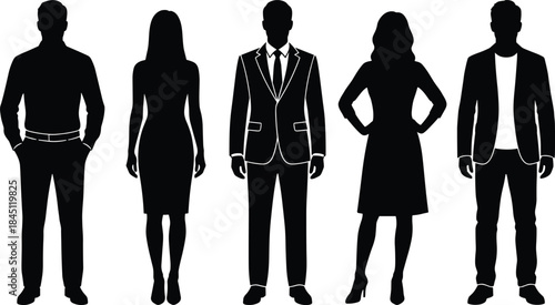 Business people silhouettes collection, modern professional men and women standing, corporate office vector illustration for teamwork, leadership, recruitment, branding, and workplace design projects