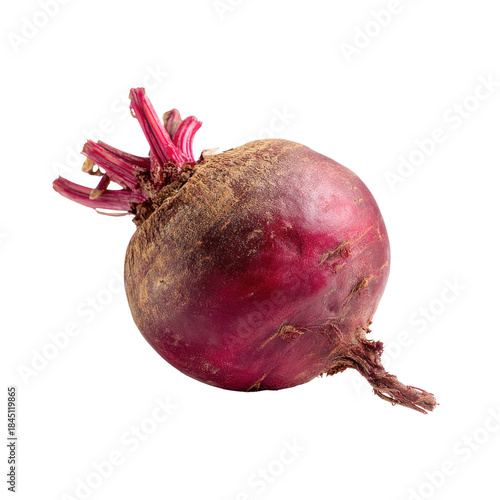 Single whole raw beet root with green stem and rootlets on black vegetable food, Png On White Background, Isolated on Transparent Background, Cut Out