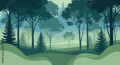 A serene layered forest landscape illustration with various green trees and rolling hills.