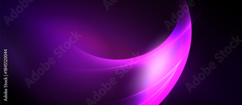 Abstract purple waves, smooth gradients, dynamic curves. Light radiates from center, creating elegant visual effect. Dark background enhances luminosity.