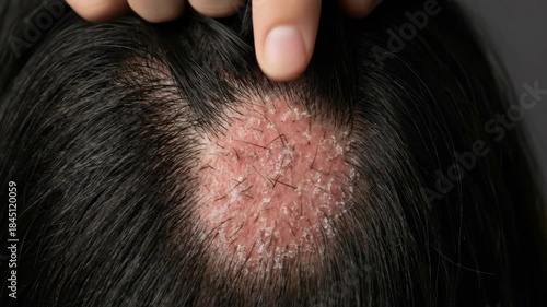 Close-up of a persons scalp showing a patch of hair loss and redness.