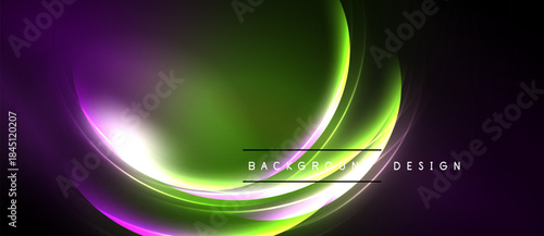 Abstract flowing lines create vibrant purple, green, white shapes. Dark background emphasizes luminous curves, modern design element.