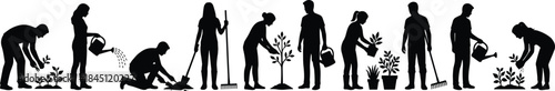 Gardeners silhouettes collection, people planting watering and raking plants, gardening activity vector illustration for agriculture, nature, community, sustainability, and outdoor projects