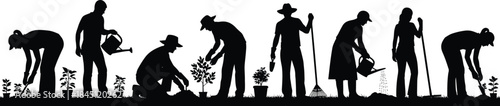 Gardeners silhouettes collection, people planting watering and raking, gardening activity vector illustration for agriculture, nature, farming, community, and outdoor design projects