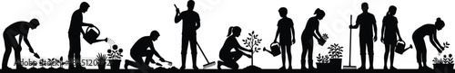 Gardeners silhouettes collection, people planting watering pruning plants, gardening activity vector illustration for agriculture, nature, sustainability, community, outdoor lifestyle projects