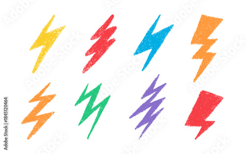 Doodle crayon lightning symbol. Hand drawn chalk lightning with grunge texture. Graphic element for fun collages. Crayon doodle color thunder. Vector pencil illustration isolated on white background.