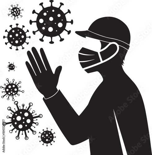 Man wearing mask washing hands under faucet with coronavirus particles in air Silhouette