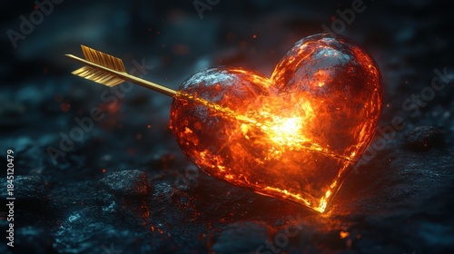 A red, cracked heart-shaped crystal is pierced by a golden arrow, creating a striking visual contrast against a soft, blurred background lit by glimmering light.