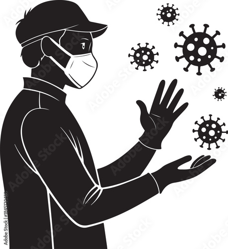 Man wearing mask washing hands under faucet with coronavirus particles in air Silhouette