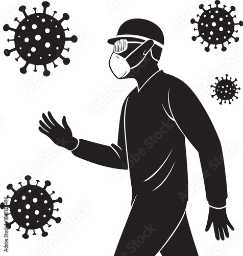 Man wearing mask washing hands under faucet with coronavirus particles in air Silhouette