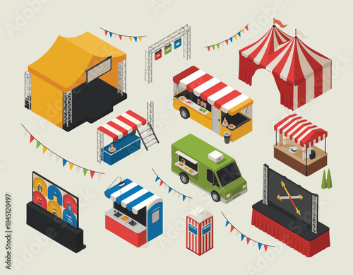 Isometric fairground elements with tent, stage, food truck