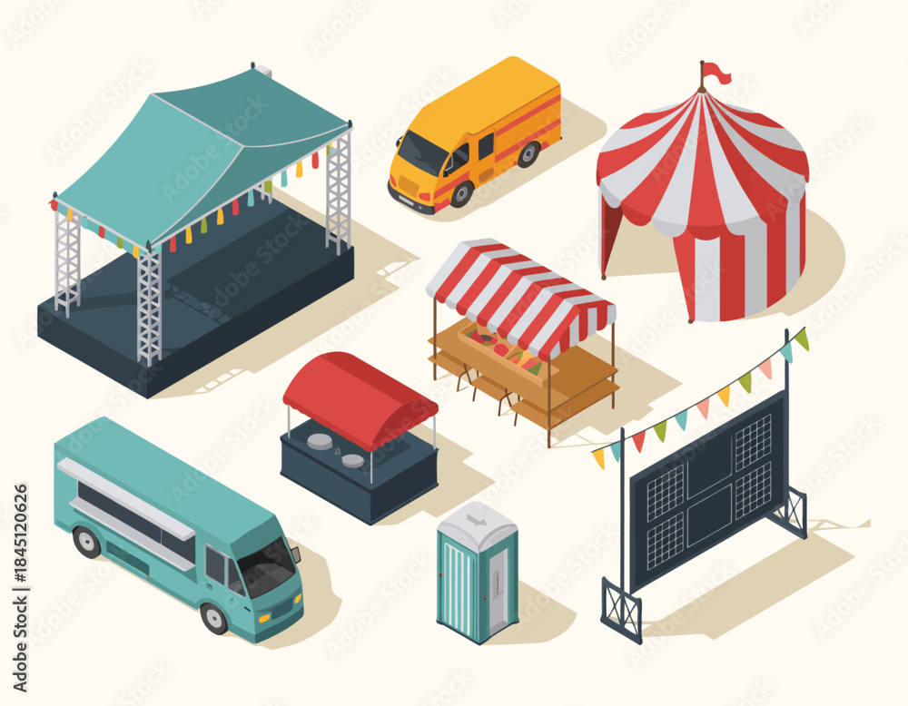 Fototapeta premium Isometric festival elements, stage, tent and van