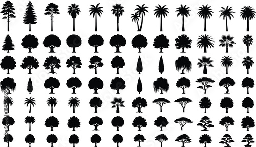 Tree silhouette vector collection, black tree icons, diverse tree shapes, coniferous, deciduous, palm, stylized trees, landscape design, botanical illustration, nature elements