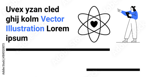 Woman holding tablet pointing at atom with heart core. Ideal for education, science, technology, innovation, creativity, STEM simple landing page. Line metaphor. Simple line icons