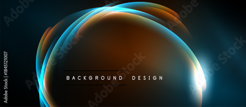 Abstract design features glowing curved lines, warm colors blend with cool blues. Dark background emphasizes bright central form.